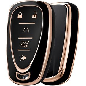 غطاء حماية لمفتاح Chevy Key Fob غطاء حماية من مادة TPU لسيارة شيفروليه 2016-2020 Chevy Malibu Camaro Cruze Traverse Spark Equinox Sonic Volt Bolt (يناسب 5 أزرار)، حافة ذهبية سوداء