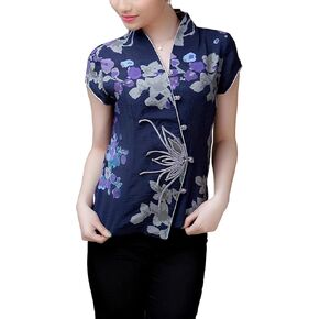 Women’s Floral Print Waist Flower Button Surplice Chinese Blouse