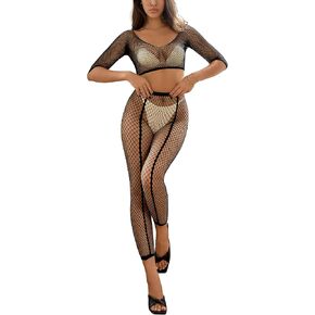 Venomancer Women's Sexy Lingerie Sets Fishnet Mesh Crop Top with Stocking Tights 2 Pieces Pajamas Set Sexy Bodysuits