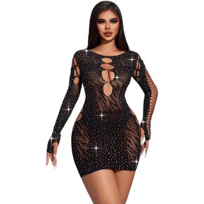Womens Lingerie Dress Sexy Babydoll Bodycon Fishnet Dress One Piece Mesh Teddy Fishnet Chemise Nightwear