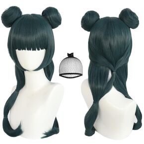 Anogol Hair Cap+Maomao Wig with Double Buns for Women Maomao Cosplay Wig Maomao Costume The Apothecary Diaries Cosplay Costume Dark Green Wig Long Straight Wig Anime Outfit for Halloween Party Wig