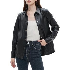 Beinia Women's Long Sleeve Pu Faux Leather Button Down Shirts, Stylish Office Work Blouse Tops Jacket, Snap Button