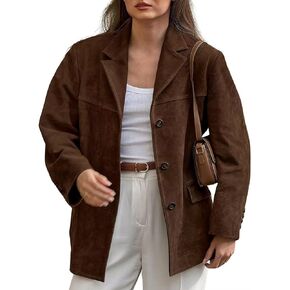 chouyatou Women's Faux Suede Blazer Jacket Notched Lapel Single Breasted Faux Suede Leather Suit Jacket