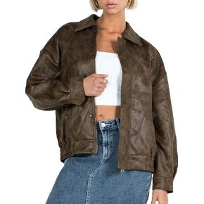 Tankaneo Womens Oversized Leather Jackets Fashion Zip up Collared Bomber Motorcycle Coat 2024 Fall Outfits