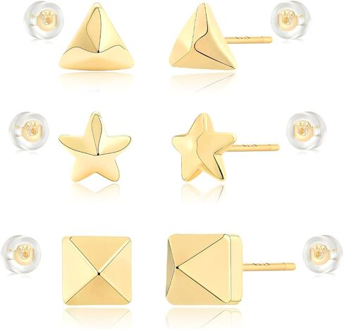 MYEARS Women Stud Earrings Set of 3 Gold Sterling Silver Post Push Back 14K Gold Plated Small Simple Hypoallergenic Everyday Jewelry in Kuwait