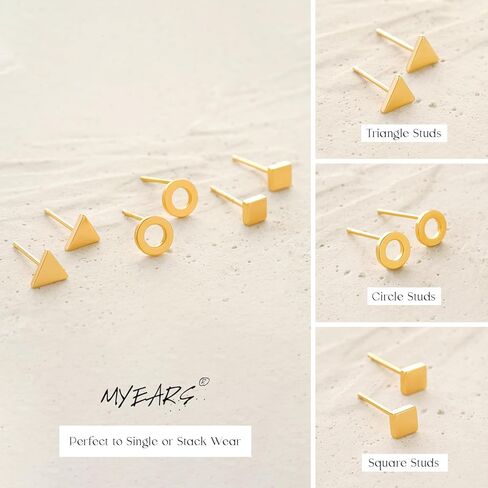 MYEARS Women Stud Earrings Set of 3 Gold Sterling Silver Post Push Back 14K Gold Plated Small Simple Hypoallergenic Everyday Jewelry in Kuwait