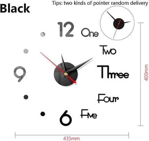 ملصق سطح مرآة ذاتي اللصق أسود على شكل جرس كوارتز صامت على الطراز الحديث DIY ساعة حائط ثلاثية الأبعاد قابلة للإزالة لتزيين المنزل وغرفة المعيشة (15.75، أسود) in Kuwait