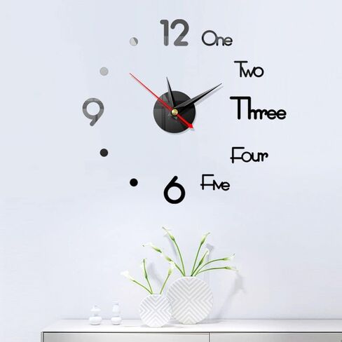 ملصق سطح مرآة ذاتي اللصق أسود على شكل جرس كوارتز صامت على الطراز الحديث DIY ساعة حائط ثلاثية الأبعاد قابلة للإزالة لتزيين المنزل وغرفة المعيشة (15.75، أسود) in Kuwait