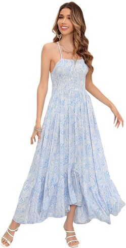 R.Vivimos Women's Summer Maxi Dress Spaghetti Strap Boho Floral Print Smocked Backless Casual Ruffle Flowy Long Dresses in Kuwait