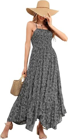 R.Vivimos Women's Summer Maxi Dress Spaghetti Strap Boho Floral Print Smocked Backless Casual Ruffle Flowy Long Dresses in Kuwait