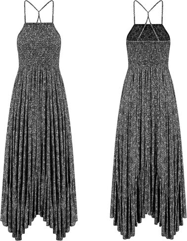 R.Vivimos Women's Summer Maxi Dress Spaghetti Strap Boho Floral Print Smocked Backless Casual Ruffle Flowy Long Dresses in Kuwait