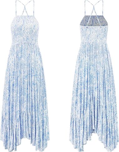R.Vivimos Women's Summer Maxi Dress Spaghetti Strap Boho Floral Print Smocked Backless Casual Ruffle Flowy Long Dresses in Kuwait