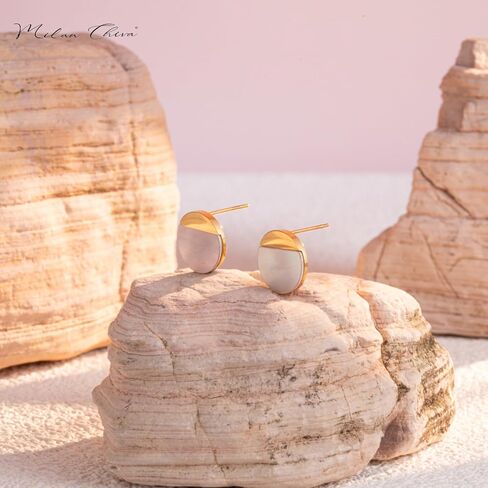 Milan Chiva Small Round Natural Gemstone Stud Earrings for Women 14K Gold Plated Oval Button Minimal Jewelry in Saudi Arabia