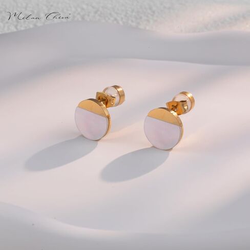 Milan Chiva Small Round Natural Gemstone Stud Earrings for Women 14K Gold Plated Oval Button Minimal Jewelry in Saudi Arabia