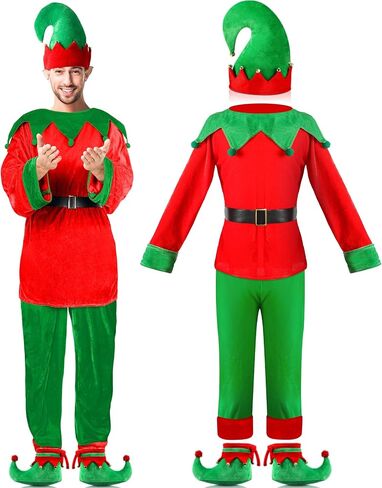 Hicarer Man Adult Christmas Elf Costume Set for Santa's Helper Dress up Outfit with Elf Hat Shoes Belt in Saudi Arabia