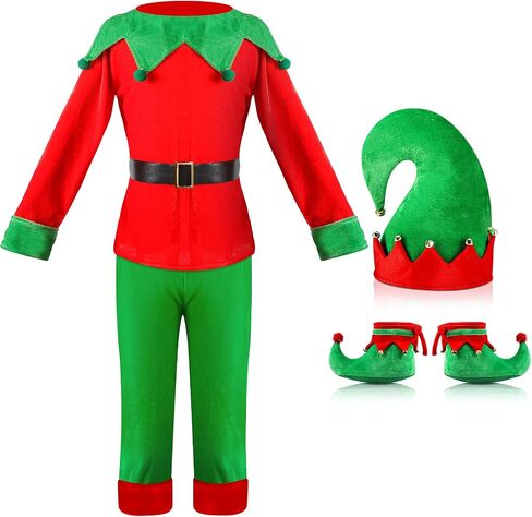 Hicarer Man Adult Christmas Elf Costume Set for Santa's Helper Dress up Outfit with Elf Hat Shoes Belt in Saudi Arabia