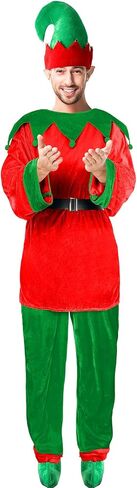 Hicarer Man Adult Christmas Elf Costume Set for Santa's Helper Dress up Outfit with Elf Hat Shoes Belt in Saudi Arabia