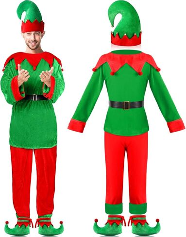 Hicarer Man Adult Christmas Elf Costume Set for Santa's Helper Dress up Outfit with Elf Hat Shoes Belt in Saudi Arabia