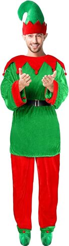 Hicarer Man Adult Christmas Elf Costume Set for Santa's Helper Dress up Outfit with Elf Hat Shoes Belt in Saudi Arabia