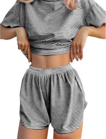 JUSTFASHIONNOW Womens Pajama Sets Shorts Striped Print Two Piece Lounge Sets Crew Neck Sleepwear Split Shorts Set Soft Pjs in Kuwait