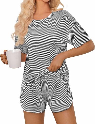 JUSTFASHIONNOW Womens Pajama Sets Shorts Striped Print Two Piece Lounge Sets Crew Neck Sleepwear Split Shorts Set Soft Pjs in Kuwait