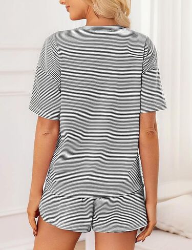 JUSTFASHIONNOW Womens Pajama Sets Shorts Striped Print Two Piece Lounge Sets Crew Neck Sleepwear Split Shorts Set Soft Pjs in Kuwait