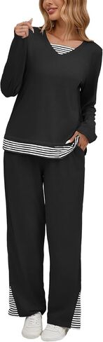 iChunhua Pajamas Set for Women Long Sleeve V Neck Comfy Pjs Striped Lounge Sets with Pockets in Saudi Arabia