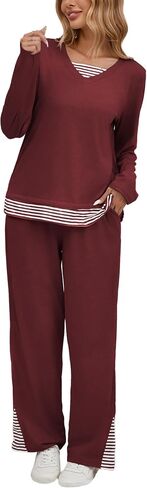 iChunhua Pajamas Set for Women Long Sleeve V Neck Comfy Pjs Striped Lounge Sets with Pockets in Saudi Arabia
