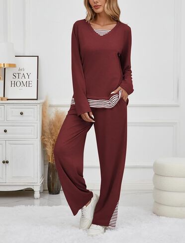 iChunhua Pajamas Set for Women Long Sleeve V Neck Comfy Pjs Striped Lounge Sets with Pockets in Saudi Arabia