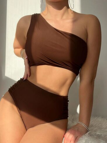 SweatyRocks Women's 2 Piece Swimsuits One Shoulder Ruched High Waisted Bikini Set Bathing Suits in Saudi Arabia