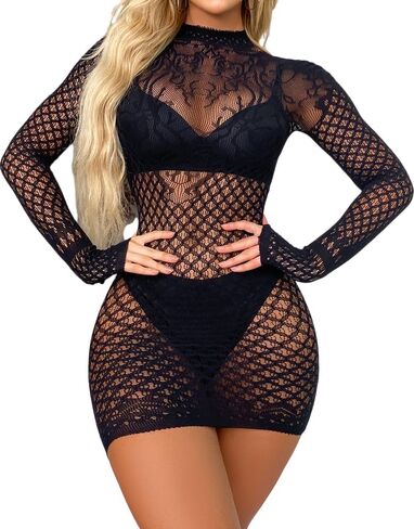 Womens Lingerie Dress Sexy Babydoll Bodycon Fishnet Dress One Piece Mesh Teddy Fishnet Chemise Nightwear in Saudi Arabia