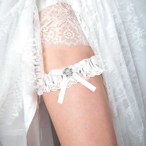 Bridal Garter Belts White Lace Wedding Garters for Bride with Bow Rhinestones Elastic Thigh Leg Garter for Wedding Day Prom Party Bride Harness Rave Bachelorette Outfit Wedding Decor (White) in Saudi Arabia