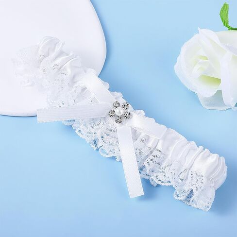 Bridal Garter Belts White Lace Wedding Garters for Bride with Bow Rhinestones Elastic Thigh Leg Garter for Wedding Day Prom Party Bride Harness Rave Bachelorette Outfit Wedding Decor (White) in Saudi Arabia