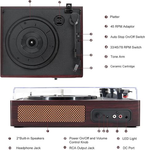 Vinyl Record Player, 3-Speed Belt-Drive Turntable with Stereo Speakers, USB Playback & Recording, Wireless BT Input & Output, Auto-Stop | Pitch Control | RCA | AUX-in | Headphone Jack | Lilac Purple in Saudi Arabia