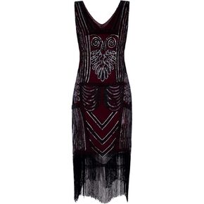 Vijiv Women's 1920s Flapper Dress V Neck Beaded Sequin Gatsby Dress Cocktail Evening