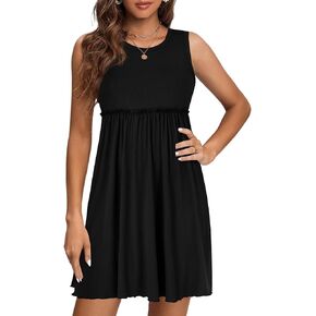 LYANER Women's Rib Knit Round Neck Frill Trim Flowy Shift Sleeveless Tank Mini Short Dress