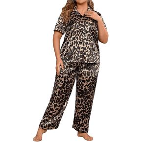 MakeMeChic Women's Plus Size Pajama Sets Leopard Print Button Down Shirt and Pants Satin Soft PJ Set