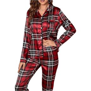 MakeMeChic Women's 2 Piece Pajama Set Plaid Button Down Long Sleeve Shirt and Pants Loungewear Set