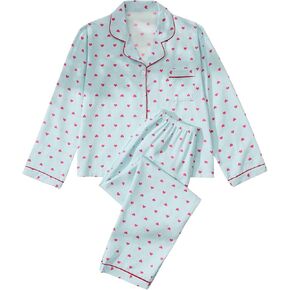 MakeMeChic Women's 2 Piece Cute Pajama Set Heart Print Button Down Shirt and Pants Set Sleepwear