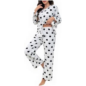 Verdusa Women's 2pcs Heart Fuzzy Pajama Sets Lace Ruffle Hem Long Sleeve Button Down Top and Pants Pj Sets