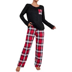 SOLY HUX Women's Plaid Pajama Set Long Sleeve Sleepwear Tee Tops and Pants Loungewear