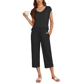 Ekouaer Women's Capri Pajamas Set Short Sleeve Loungewear 2 Piece Pjs Top & Capri Pants Set Sleepwear with Pockets S-XXL