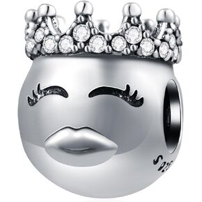 Kiss Charms with Princess Crown CZ fit Pandora Smile Bracelet, 925 Sterling Silver Kissing Emoji Charm Smiley Face Beads, Gifts for Valentines Day/Engagement/Happy Birthday