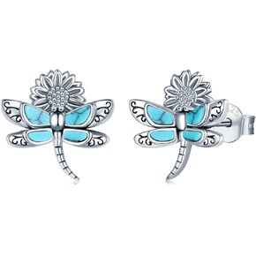 S925-Sterling-Silver Turquoise Dragonfly Stud Earrings – Elegant Bohemian Style Dragonfly Jewelry Natural Beauty and Vintage Classic Unique Design Jewelry Gifts for Women