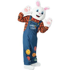 Easter Bunny Costume Adult Deluxe Rabbit Mascot Plus Size Suit Onesie Outfit with Overalls for Men Women Unisex Party