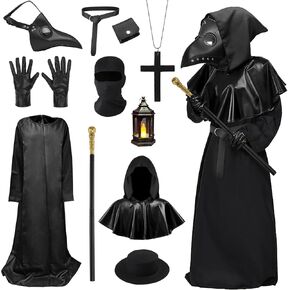 9PCS Plague Doctor Costume Set Include Beak Mask for Men Adults Small Wind Lamp for Halloween Stage Cosplay Outfit