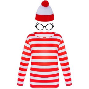 Yolyoo Adult Men Red and White Striped Tee Long Sleeve Shirt Glasses Hat Costume Set for Halloween Cosplay Party