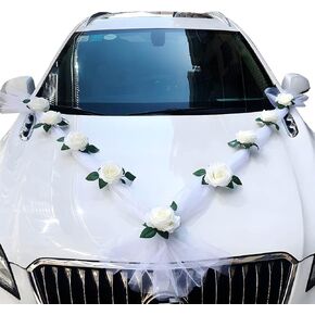 Wailicop Wedding Car Front Flower Decoration Artificial Flowers Bouquet Set Wedding Car Decoration Ribbon for Wedding Car Bridal Car, Christmas Decor