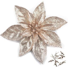 GL-Turelfies 12 Pcs Glitter Christmas Flowers(16cm/6.3’’) with 12 Pcs Clips Artificial Poinsettia Flower Christmas Tree Flower Decorations Xmas Tree Ornaments (Champagne)