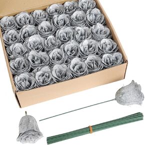 Silver Roses,30pcs Glitter Roses Silver Flowers Artificial Roses with Stems for Crafts Wedding Bouquet Party Home Decor(Silver)